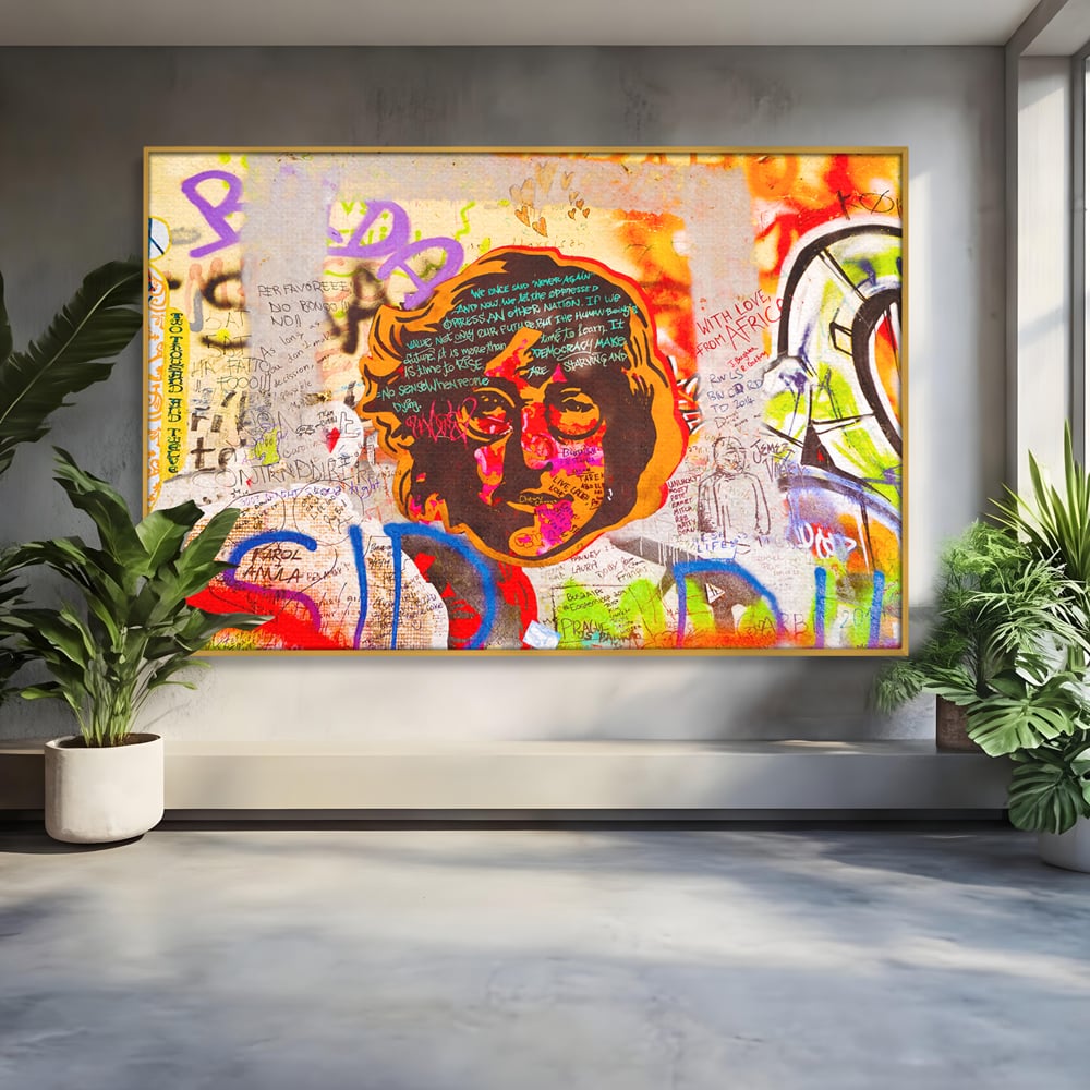 Tablou canvas cu tablou canvas cu john lennon si graffiti, in rama de aluminiu auriu